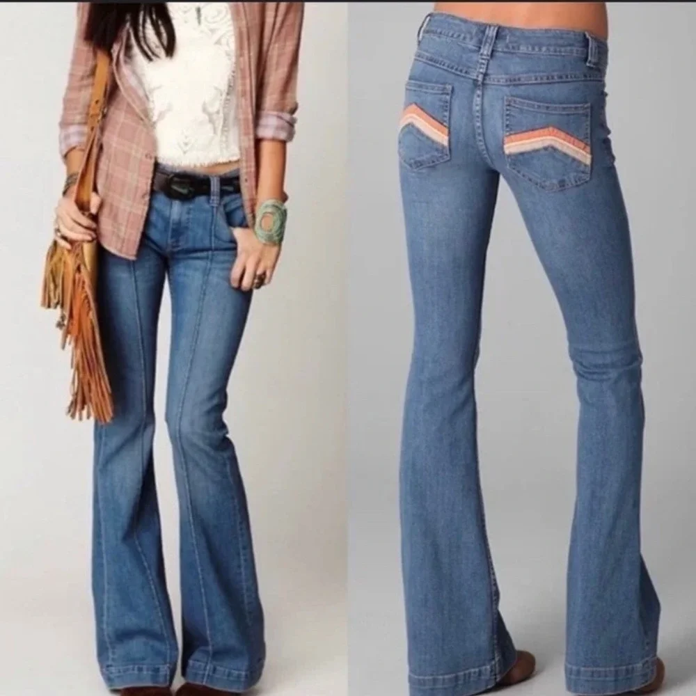 Free People Le Disco Flare Jeans Womens 26 Blue Bell Bottom Rainbow Pocket Retro